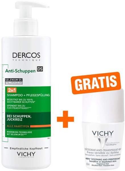 Vichy Dercos Anti-Schuppen 2in1 Shampoo + Conditioner 390 ml + gratis Vichy Deo Roll-on Anti Flecken 48h 50ml