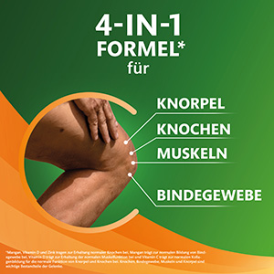 Gezeigt wird ein angewinkeltes nacktes Knie. Text sagt: 4-in-1 Formel für Knorpel, Knochen, Muskeln und Bindegewebe.
