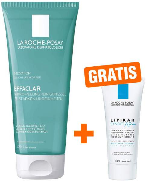 La Roche Posay Effaclar Mikro Peeling Reinigungsgel 200 ml + gratis Lipikar Syndet AP+ 15 ml