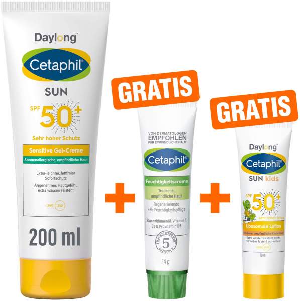 Cetaphil Sun Daylong SPF 50+ sens. Gel 200 ml + gratis Feuchtigkeitscreme 14 g + gratis liposomale Lotion 10 ml