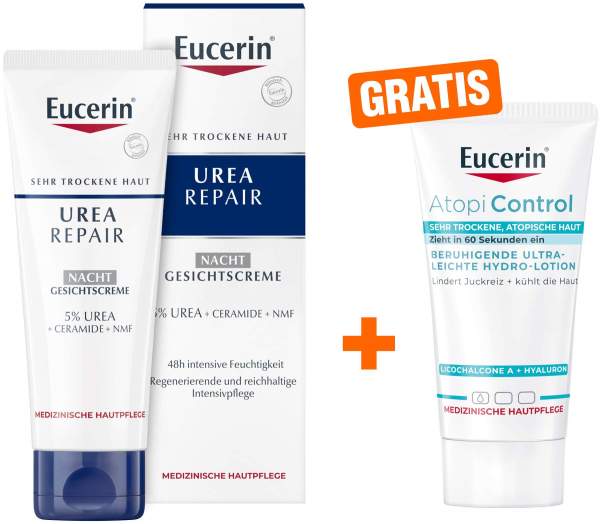Eucerin UreaRepair Gesichtscreme Nacht 5% 50 ml + gratis AtopiControl Hydro-Lotion 20 ml