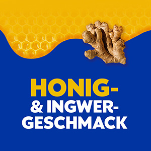 Gelber Text auf blauem Hintergrund: Honig- und Ingwergeschmack. Am oberen Bildrand sieht man gelbe Honigwaben und ein Stück Ingwer.