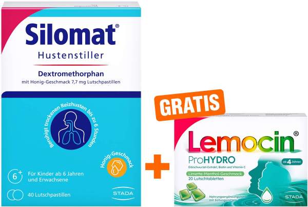 Silomat Hustenstiller DMP m.Honig- Geschm.7,7mg 40 Lutschpastillen + gratis Lemocin ProHydro 20 Lutschpastillen