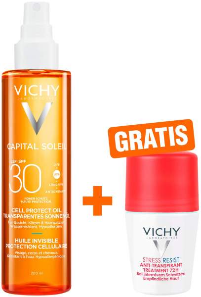 Vichy Capital Soleil Cell Protect Oil LSF 30 200 ml + gratis Vichy Dep Stress Resist 72h 50 ml