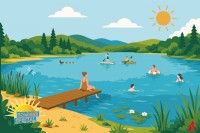 Illustration eines belebten Badesees im Sommer mit Schwimmern, Stand-up-Paddling und einem Holzsteg. Unten links Logo „Sommer Special“.