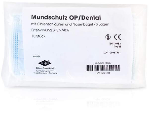 Mundschutz Op Mit Gummiband und Nasenbügel Blau 10 Stück
