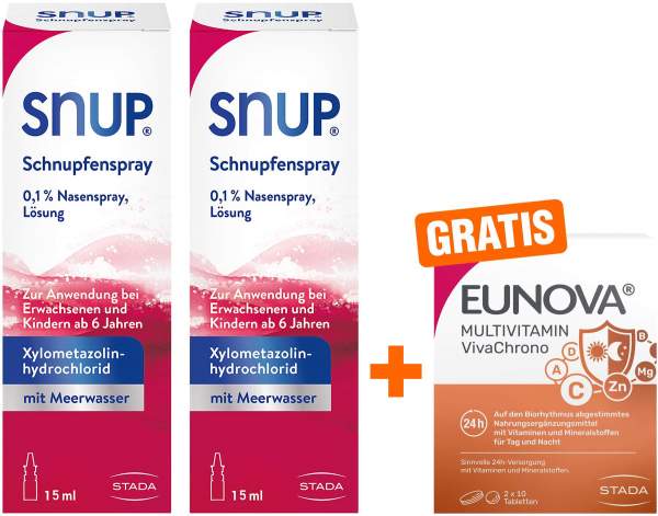 Snup Schnupfenspray 0,1 % Nasenspray 2 x 15 ml + gratis Eunova VivaChrono 2 x 10 Tabletten