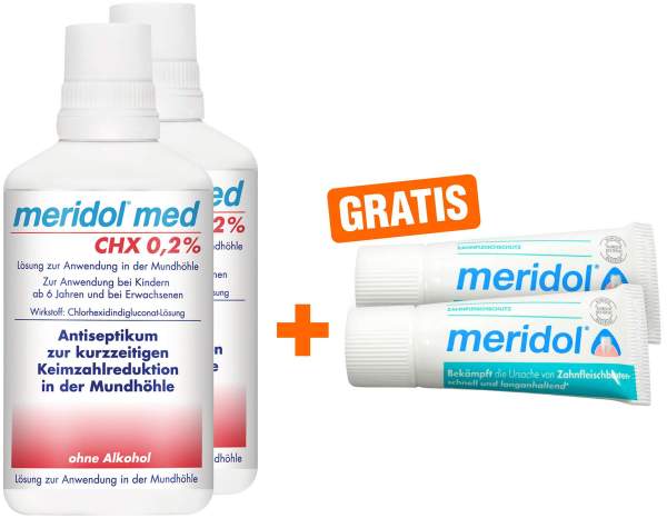 Meridol med CHX 0,2% Spülung 2 x 300 ml + gratis 2 x 20 ml Zahnpasta