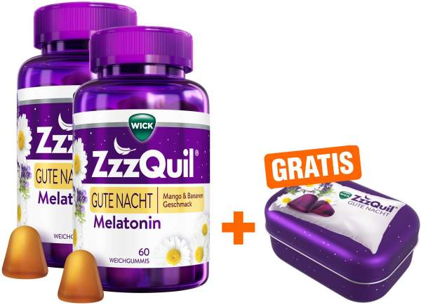 Wick ZzzQuil Gute Nacht Mango &amp; Banane 2 x 60 Weichgummis + gratis Wick ZzzQuil Reise-Dose 1 Stück