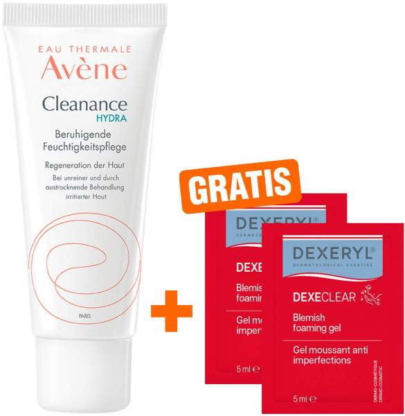 Avene Cleanance Hydra beruhigende Feuchtigkeitspflege 40ml + gratis Dexeryl Dexeclear schäumendes Reinigungsgel 2 x 5 ml