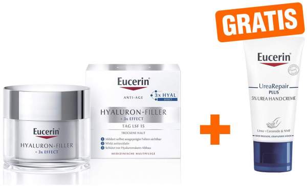 Eucerin Anti Age Hyaluron Filler Tag trockene Haut 50 ml + gratis UreaRepair Plus Handcreme 5% 30 ml