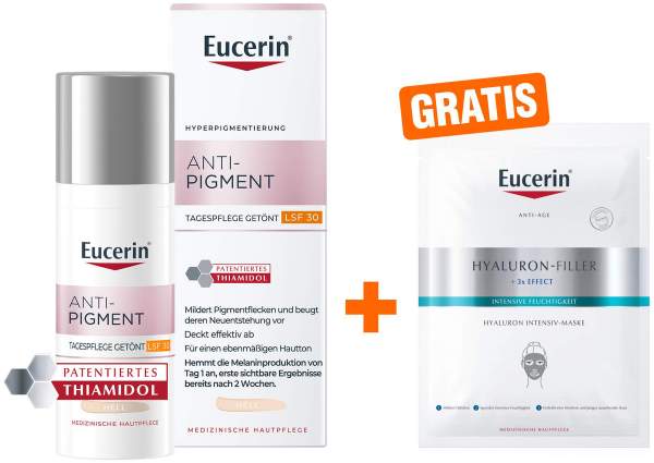 Eucerin Anti-Pigment Tagespflege getönt hell 50 ml Creme + gratis Anti Age Hyaluron Filler Intensiv Maske 1 Stück