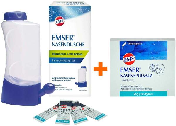 Emser Nasendusche mit 4 Beuteln Nasenspülsalz + Emser Nasenspülsalz physiologisch 20 Beutel Pulver