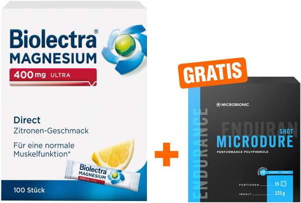 Biolectra Magnesium 400 mg ultra Direct Zitrone 100 Pellets + gratis Microbionic Microdure Shot