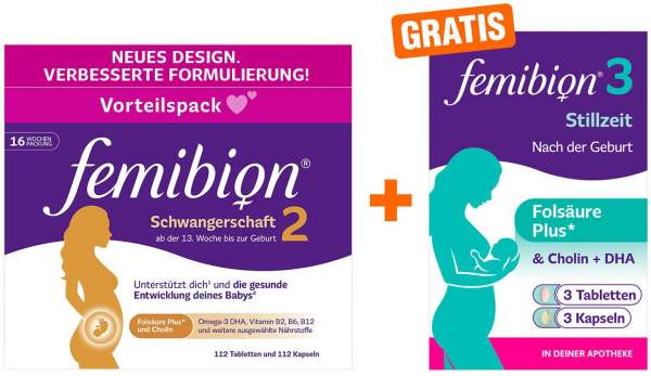 Femibion 2 Schwangerschaft 112 Tabletten und 112 Kapseln + gratis Femibion 3 3 Tage Kombipackung