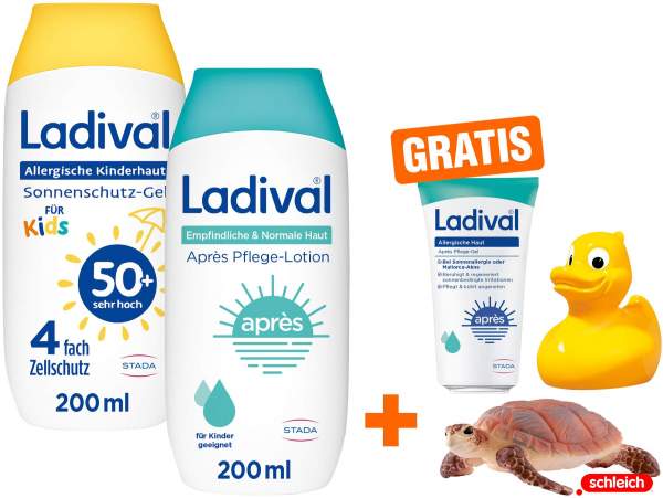 Ladival allergische Kinderhaut Gel 200 ml + Apres Lotion 200 ml + gr. Schleich® Schildkröte + gr. Ente + gr. Lotion 50ml