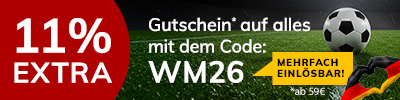 Machen Sie Ihren Einkauf zum Volltreffer und sichern Sie sich nur für kurze Zeit 11% WM-Rabatt ab 59€ Einkaufswert.