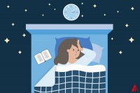 Eine Illustration einer Frau, die im Bett liegt, sich an den Kopf packt und erschöpft aussieht. Neben ihr liegt ein Buch, an der Wand eine Uhr, die kurz nach drei Uhr nachts anzeigt. 