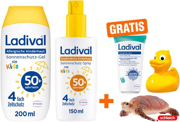 Ladival allerg. Kinderhaut Gel LSF50+ 200ml +empf. Haut Spray LSF50+ 150ml +gratis Schleich® Schildkröte +Ente +Lotion