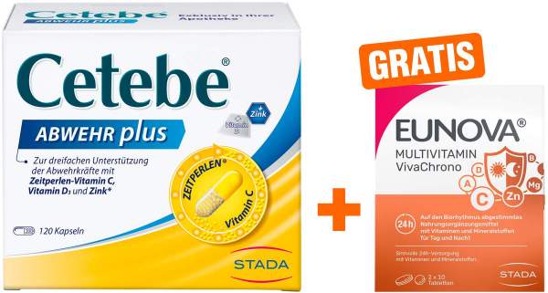 Cetebe Abwehr plus Vitamin C + Vitamin D3 + Zink 120 Kapseln + gratis Eunova VivaChrono 2 x 10 Tabletten