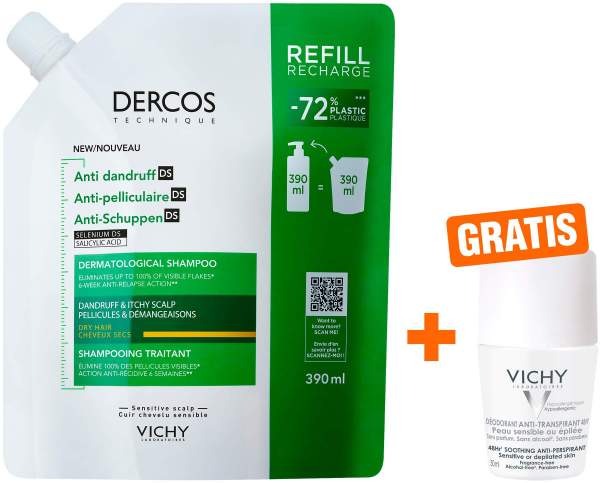 Vichy Dercos Anti-Schuppen Shampoo trockene Kopfhaut Nachfüllpack 390ml + gratis Vichy Deo Roll-on 50ml