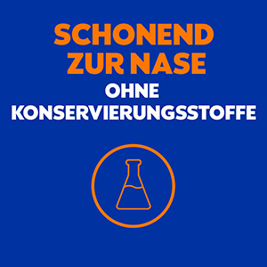 Text auf blauem Hintergrund: Schonend zur Nase, ohne Konservierungsstoffe. Darunter wird eine kleines Reagenzglas gezeigt.