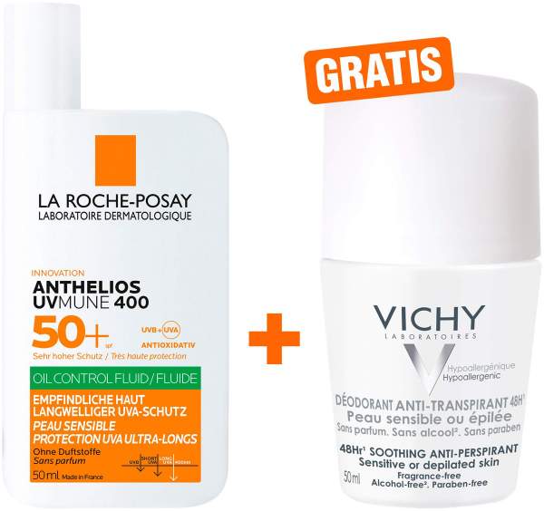 La Roche Posay Anthelios Oil Control Fluid UV Mune 400 LSF 50+ 50 ml + gratis Vichy Deo Roll-on Anti Flecken 48h 50 ml