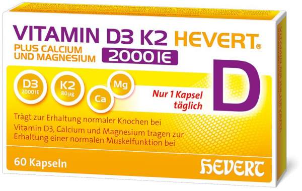 Vitamin D3 K2 Hevert + Calcium und Magnesium 2000IE 60 Kapseln