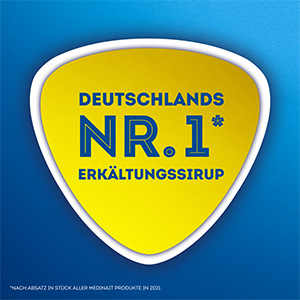 Blauer Text auf gelbem Hintergrund: Deutschlands Nr. 1 Erkältungssirup.
