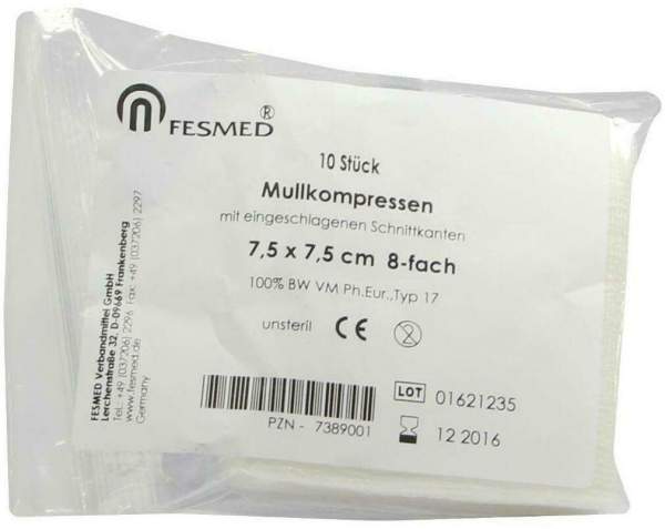 Mullkompressen Es 7,5 X 7,5 cm 8 - Fach Unsteril 10 Kompressen