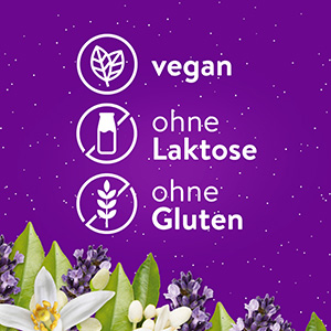 Weißer Text auf lila Hintergrund: Vegan, ohne Laktose, ohne Gluten