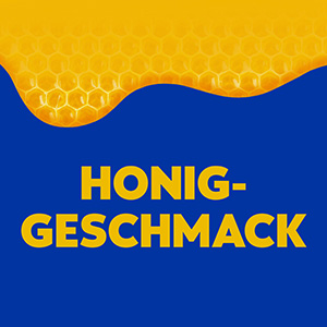 Gelber Text auf blauem Hintergrund: Honiggeschmack