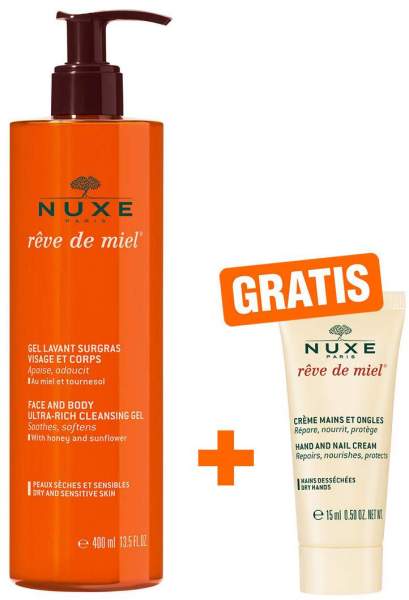 NUXE Reve de Miel Reinigungsgel für Gesicht &amp; Körper 400 ml + gratis Hand- &amp; Nagelcreme 15 ml