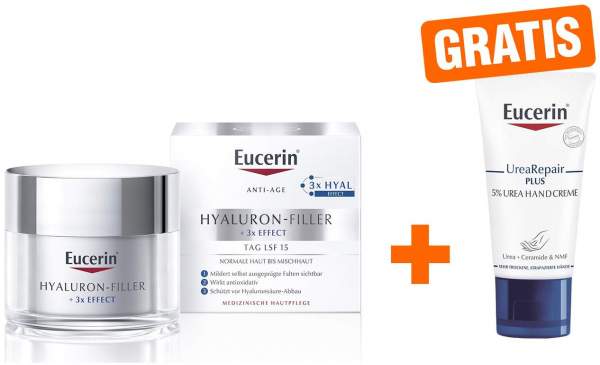 Eucerin Anti Age Hyaluron Filler Tag Normale und Mischhaut 50 ml + gratis UreaRepair Plus Handcreme 5% 30 ml