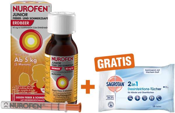 Nurofen Junior Fieber- &amp; Schmerzsaft 40 mg pro ml 150 ml + Sagrotan 2 in 1 Desinfektionstücher 15 Stück