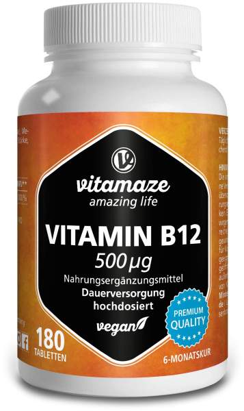 Vitamin B12 500 µg Hochdosiert Vegan 180 Tabletten