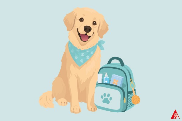 Hund sitzt neben einem Rucksack mit der Hunde-Reiseapotheke.