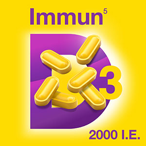 Vigantolvit: Gelbe Kapseln vor einem lila D3-Symbol, das für die Unterstützung des Immunsystems mit 2000 I.E. wirbt.