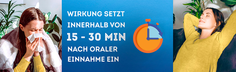 Eine Silhouette von Kopf, Hals und Brust wird gezeigt. Der Text sagt: Lindert 5 Symptome: Kopfschmerzen, leichtes Fieber, Schnupfen, Husten, Gliederschmerzen.