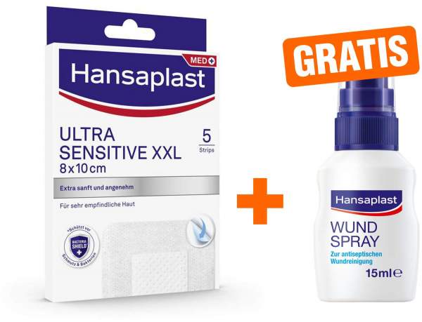 Hansaplast Ultra Sensitive Wundpflaster XXL 8 x 10 cm 5 Stück + gratis Wundspray zur Wundreinigung 15 ml