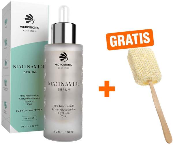 Microbionic cosmetics Niacinamide 30 ml Serum + gratis Massageschwamm mit Holzgriff