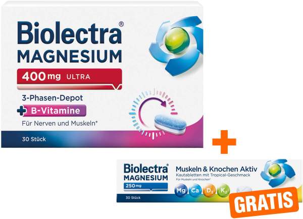 Biolectra Magnesium 400 mg ultra 3-Phasen-Depot 30 Tabletten + gratis Biolectra Magnesium 250 mg Aktiv 30 Kautabletten