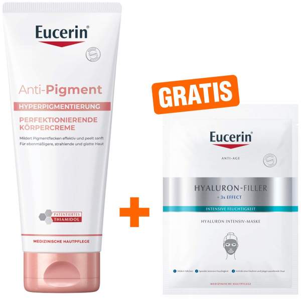 Eucerin Anti-Pigment Perfektionierende Körpercreme 200 ml + gratis Anti Age Hyaluron Filler Intensiv Maske 1 Stück