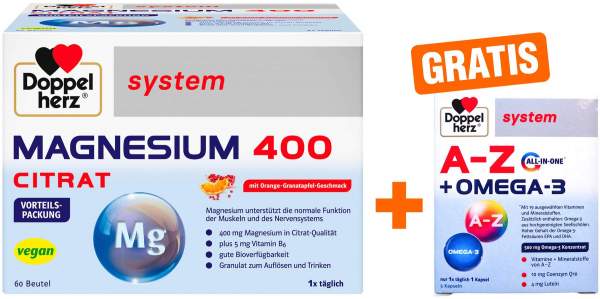 Doppelherz system Magnesium 400 Citrat Granulat 60 Beutel + gratis Doppelherz system Omega-3 Konzentrat 5 Kapseln
