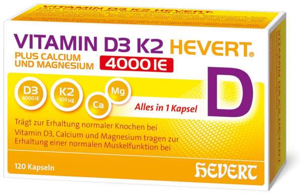 Vitamin D3 K2 Hevert + Calcium und Magnesium 4000IE 120 Kapseln