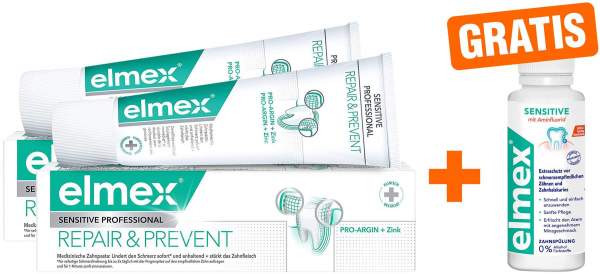 Elmex Sensitive Professional Repair und Prevent Doppelpack 2 x 75 ml Zahncreme + gratis Sensitive Zahnspülung 100 ml