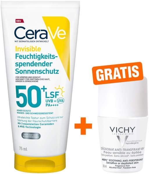 CeraVe Feuchtigkeitsspendender Sonnenschutz LSF 50+ 75ml + gratis Vichy Deo Roll-on Anti Flecken 48h 50 ml