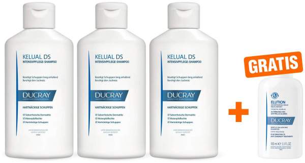 Ducray Kelual DS Shampoo 3 x 100 ml + gratis Elution ausgl. Shampoo 100 ml