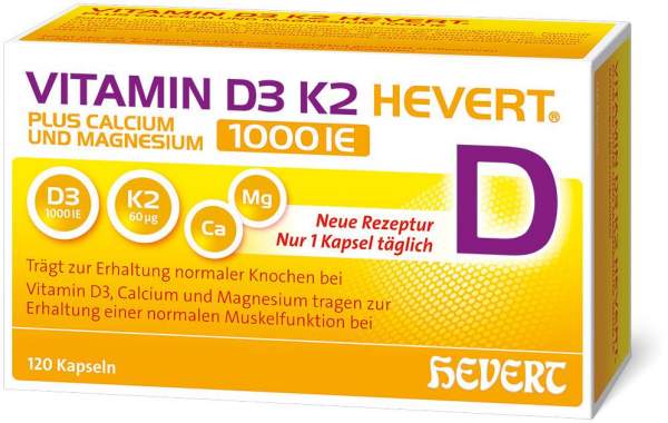 Vitamin D3 K2 Hevert + Calcium und Magnesium 1000IE 120 Kapseln