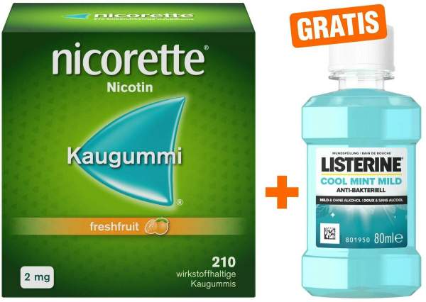Nicorette 2 mg freshfruit Kaugummi 210 Stück + gratis Listerine Mundspülung Cool Mint Mild 80 ml